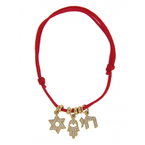 Diamond Hamsa Chai Star Of David 18k Gold Red String Bracelet