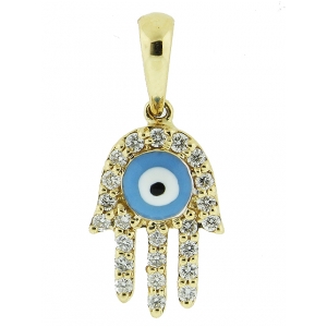 18k Yellow Gold & Blue Enamel Evil Eye .20ct Diamond Hamsa Hand Pendant