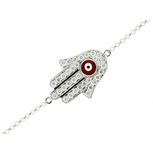 Pave Diamond & 18k White Gold Red Enamel Evil Eye Hamsa Hand Bracelet