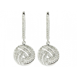 18k Solid White Gold Circle Shape Line Pattern Diamond Dangle Hoop Earring