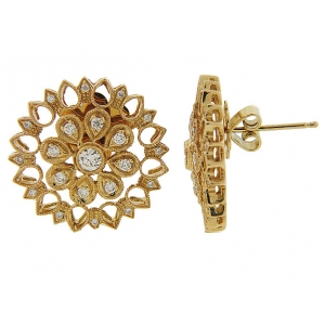 Diamond 18k Yellow Gold Milgrain Flower Stud Earrings