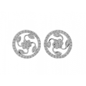 Pave Circle with Flower 18k White Gold Stud Earrings
