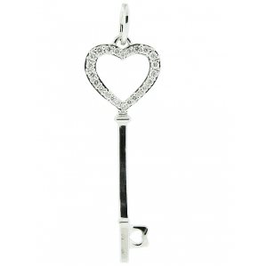 18k Solid White Gold & Diamond Heart Shape Top Key Pendant