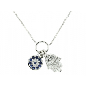 Diamond & Sapphire Evil Eye & Hamsa Charm 18k White Gold Necklace
