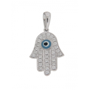 Pave Diamond & Enamel 18k White Gold Hamsa Pendant