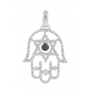 18k White Gold Star of David Black Diamond Center Hamsa Pendant