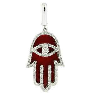 Pave Diamond Evil Eye & Red Enamel Hamsa Hand Pendant