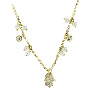 18k Solid Yellow Gold Mini Pearls & Diamond Hamsa Hand Necklace