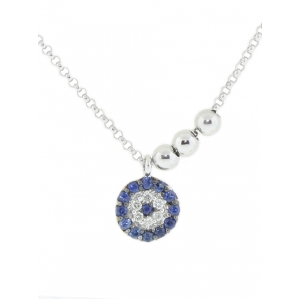 Diamond & Sapphire 18k White Gold Circle Shape Evil Eye & Hamsa Hand Necklace