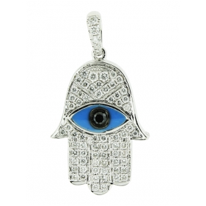 0.82ct Diamond & 18k White Gold Enamel Evil Eye Hamsa Hand Pendant