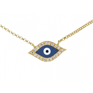 18k Solid Yellow Gold Navy Blue Evil Eye Necklace