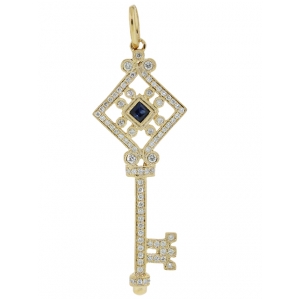 Diamond & Center Sapphire 18k Yellow Gold Diamond Top Shape Key Pendant