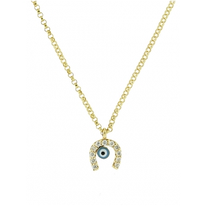 18k Yellow Gold Horse Shoe & Enamel Evil Eye Charm Necklace