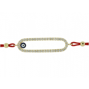 18k Yellow Gold Rounded Rectangle Shape Diamond & Enamel Evil Eye Red String Bracelet