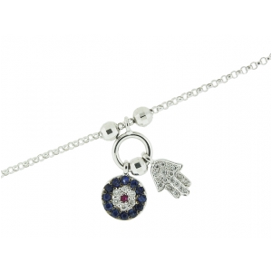 18k Circle Shape Evil Eye Diamond Blue & Ruby Sapphire Hamsa Hand Mini Charm Bracelet
