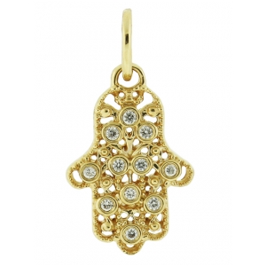 18k Yellow Gold & Diamond Mini Hamsa Hand Pendant