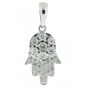 18k Solid White Gold 0.33ct Flower Shape Diamond Hamsa Hand Pendant