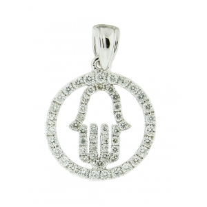 18k Solid White Gold Circle Shape Diamond Hamsa Hand Pendant
