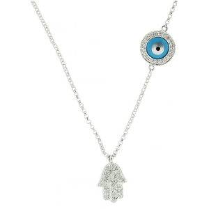 Diamond & White Gold Evil Eye Charm & Hamsa Necklace