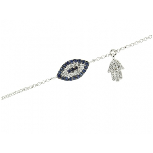 Diamond & Sapphire Evil Eye & Mini Hamsa Hand Charm Bracelet