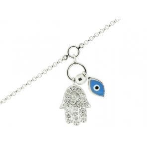 18k Solid White Gold Diamond Hamsa Hand & Mini Enamel Evil Eye Pendant Bracelet
