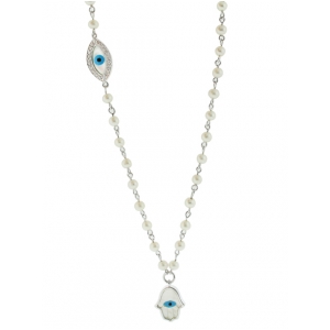 18k White Gold Mother of Pearl Hamsa & Diamond Evil Eye Pendant Necklace