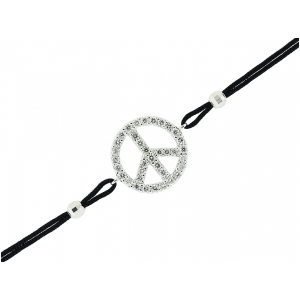 18k White Gold & 0.43ct Diamond Peace Symbol Pendant Black String Bracelet