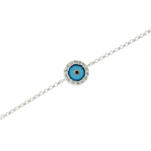 18k Solid White Gold & Circle Shape Diamond Blue Enamel Evil Eye Bracelet