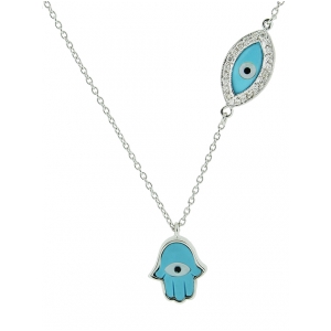 18k White Gold Diamond & Blue Enamel Evil Eye and Hamsa Hand Pendant Necklace