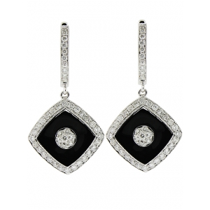 18k White Gold Diamond Shape Black Onyx & 0.95ct Diamond Dangle Earring
