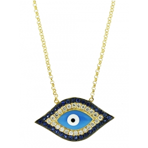 Diamond & Sapphire Enamel Blue & Black Evil Eye 18k Gold Necklace
