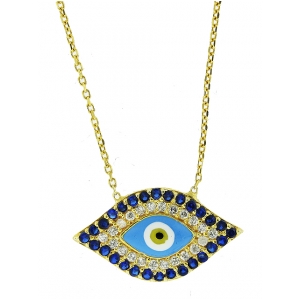Diamond & Sapphire Enamel Blue & Yellow Evil Eye 18k Gold Necklace