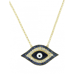 18k Yellow Gold Diamond Sapphire & Dark Blue Enamel Evil Eye Necklace