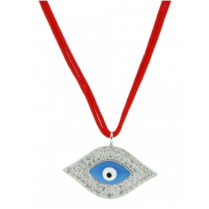 18k White Gold Enamel & Diamond Evil Eye Pendant Red String Necklace