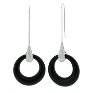 1.40ct Diamond & Circle Shape Black Onyx 18k White Gold Fishhook Dangle Earring