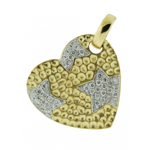 18k Hammered Yellow Gold & 0.35 Pave Star Shape Diamond Heart Shape Pendant