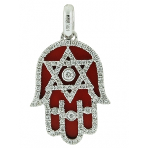 18k Solid White Gold Pave Diamond Star of David Red Hamsa Hand Pendant