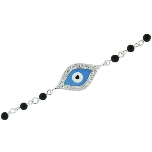 18k White Gold Black Beaded Blue Enamel Diamond Evil Eye Bracelet