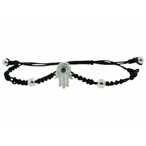 18k White Gold & Braided Black String Diamond Blue Sapphire Hamsa Hand Bracelet