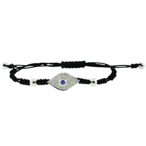 18k White Gold & Braided Black String Diamond Blue Sapphire Evil Eye Bracelet