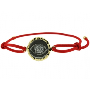 18k Hammered Yellow Gold & White Gold Center Diamond Evil Eye Red String Bracelet