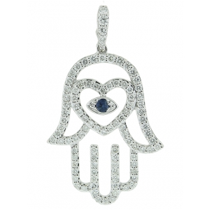 1.14ct Pave Diamond & Sapphire Evil Eye Heart Shape Hamsa Hand Pendant