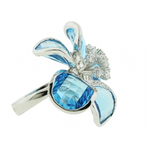 14.55ct Sliced Blue Topaz & Diamond 18k White Gold Flower Shape Ring