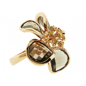 Sliced Smokey Topaz & Yellow & White Diamond 18k Pink Gold Flower Shape Ring