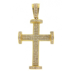 3.08ct 3 Row Pave Diamond 18k Yellow Gold Cross Pendant