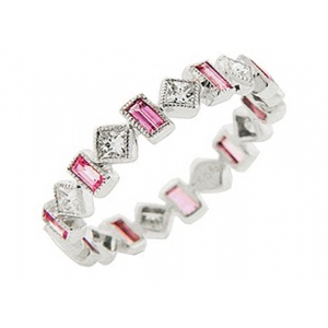 Princess Cut Diamond & Pink Sapphire 18k Gold Milgrain Eternity Band