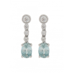 Aqua Marine Oval & Diamond 18k White Gold Dangle Earrings