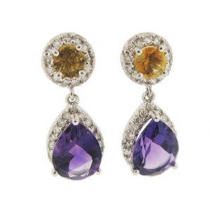 6.18ct Pear Amethyst Sapphire & Diamond 18k Gold Dangle Earrings