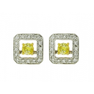 18k White Gold Square Shape Diamond & Yellow Diamond Center Stud Earrings