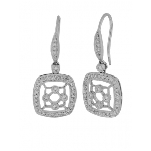 Bezel Set Diamond 18k Gold Square Fishhook Milgrain Earrings